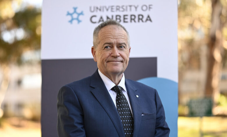 June 11, 2025: University of Canberra vice-chancellor Bill Shorten holds a media briefing providing an update on the university's progress to achieving financial sustainability in Canberra. Picture: Martin Ollman