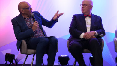 Professor Martin Betts (left) and Macquarie University vice-chancellor Bruce Dowton. Picture: HEDx