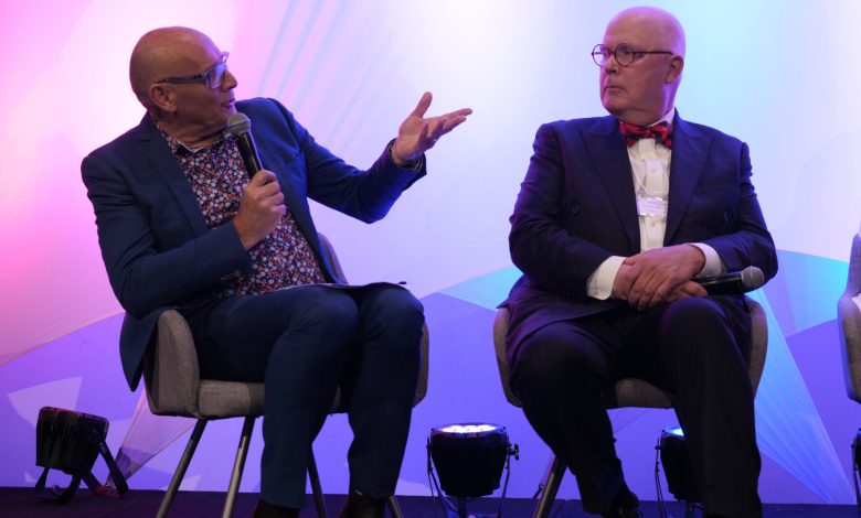 Professor Martin Betts (left) and Macquarie University vice-chancellor Bruce Dowton. Picture: HEDx