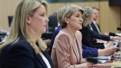 ANU interim vice-chancellor Rebekah Brown (left) and chancellor Julie Bishop at a senate estimates hearing. Picture: Martin Ollman