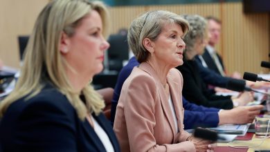 ANU interim vice-chancellor Rebekah Brown (left) and chancellor Julie Bishop at a senate estimates hearing. Picture: Martin Ollman