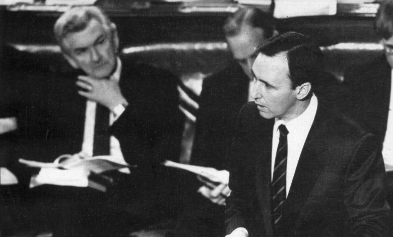 Prime Minister Bob Hawke watching on as Treasurer Paul Keating delivers the federal budget at Parliament House, Canberra, 19 August, 1986. Picture: Alan Porritt.