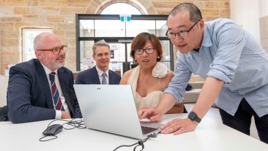 Left to right: Science Minister Tim Ayres, Assistant Technology Minister Andrew Charlton, entrepreneur Rebecca Di-Noia and AI researcher Lailei Huang at The Factory grounds in Parramatta to announce the release of the National AI Plan. Picture: Simon Bullard.