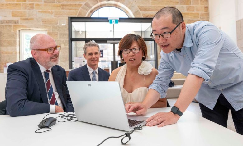 Left to right: Science Minister Tim Ayres, Assistant Technology Minister Andrew Charlton, entrepreneur Rebecca Di-Noia and AI researcher Lailei Huang at The Factory grounds in Parramatta to announce the release of the National AI Plan. Picture: Simon Bullard.