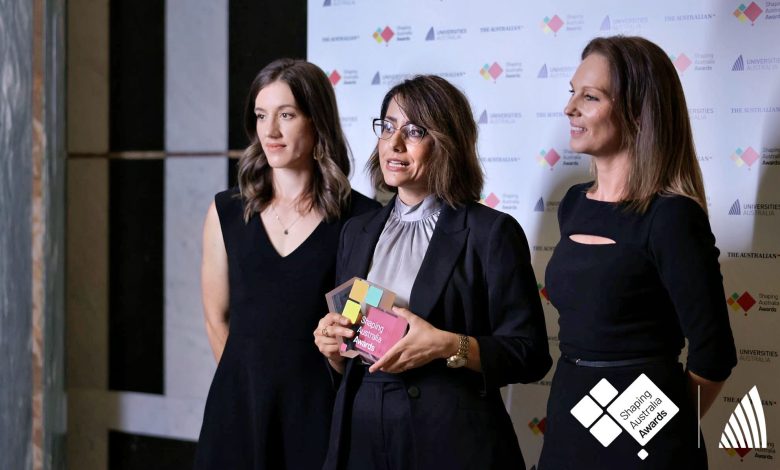 Left to right: Samantha Wade, Elahe Minaei and Kara Vine-Perrow from the University of Wollongong. Picture: Ben Appleton/Universities Australia.
