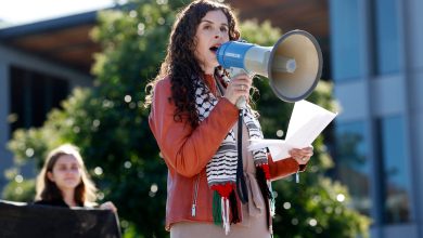 Dr Randa Abdel-Fattah speaking at a pro Palestine protest at Macquarie University in Sydney. Picture: Richard Dobson.