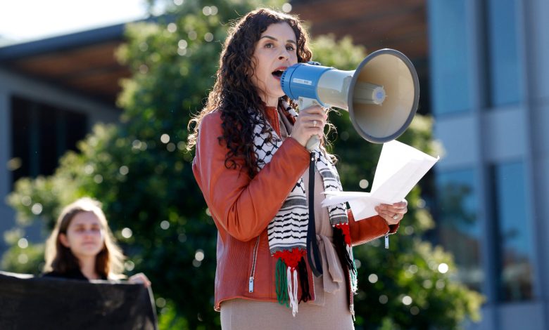 Dr Randa Abdel-Fattah speaking at a pro Palestine protest at Macquarie University in Sydney. Picture: Richard Dobson.