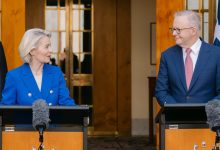 European Union president Ursula von der Leyen stands beside Anthony Albanese during her visit to Canberra. Picture: Christophe Licoppe.