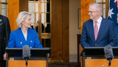 European Union president Ursula von der Leyen stands beside Anthony Albanese during her visit to Canberra. Picture: Christophe Licoppe.