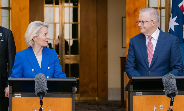 European Union president Ursula von der Leyen stands beside Anthony Albanese during her visit to Canberra. Picture: Christophe Licoppe.