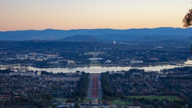 Canberra Skyline, Lake Burley Griffin, Parliament House Sunset