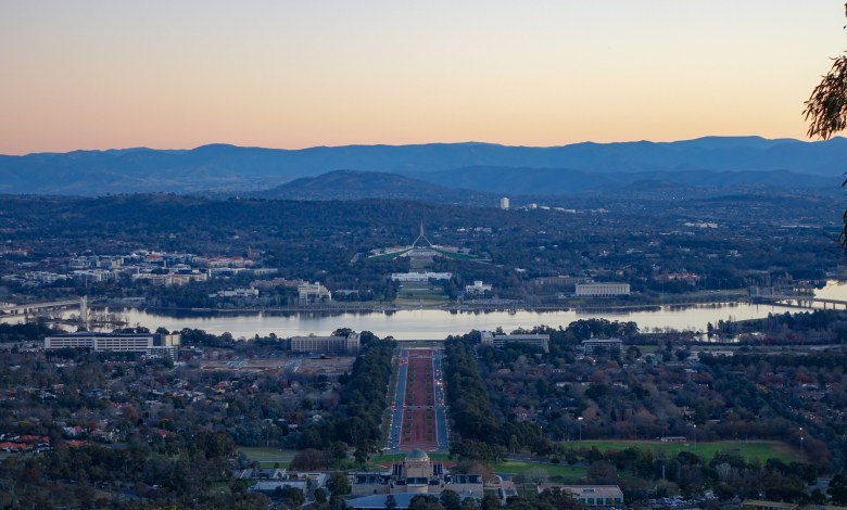 Canberra Skyline, Lake Burley Griffin, Parliament House Sunset