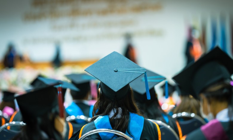 Concept education congratulation and Graduation Ceremony. Congratulated the graduates in University during commencement,backside graduation black hats during commencement success graduates of the university,