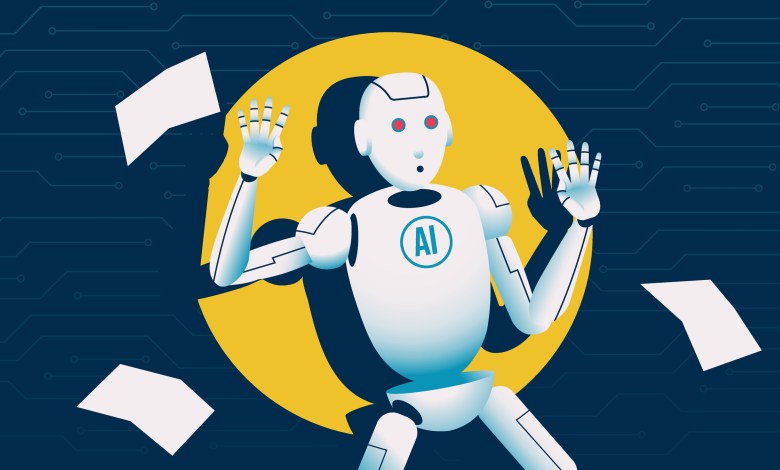 Robot caught in a flashlight. Artifical intelligence plagiarism, cheating and ai detection concept. Vector illustration.